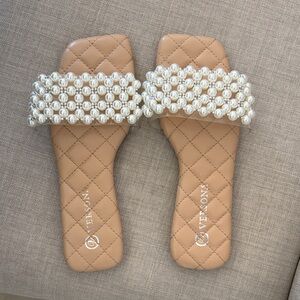 Versona Beige Pearl Embellished Sandals